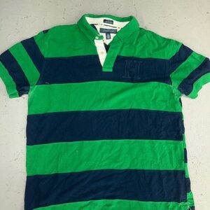 Green and Navy Striped Polo Shirt